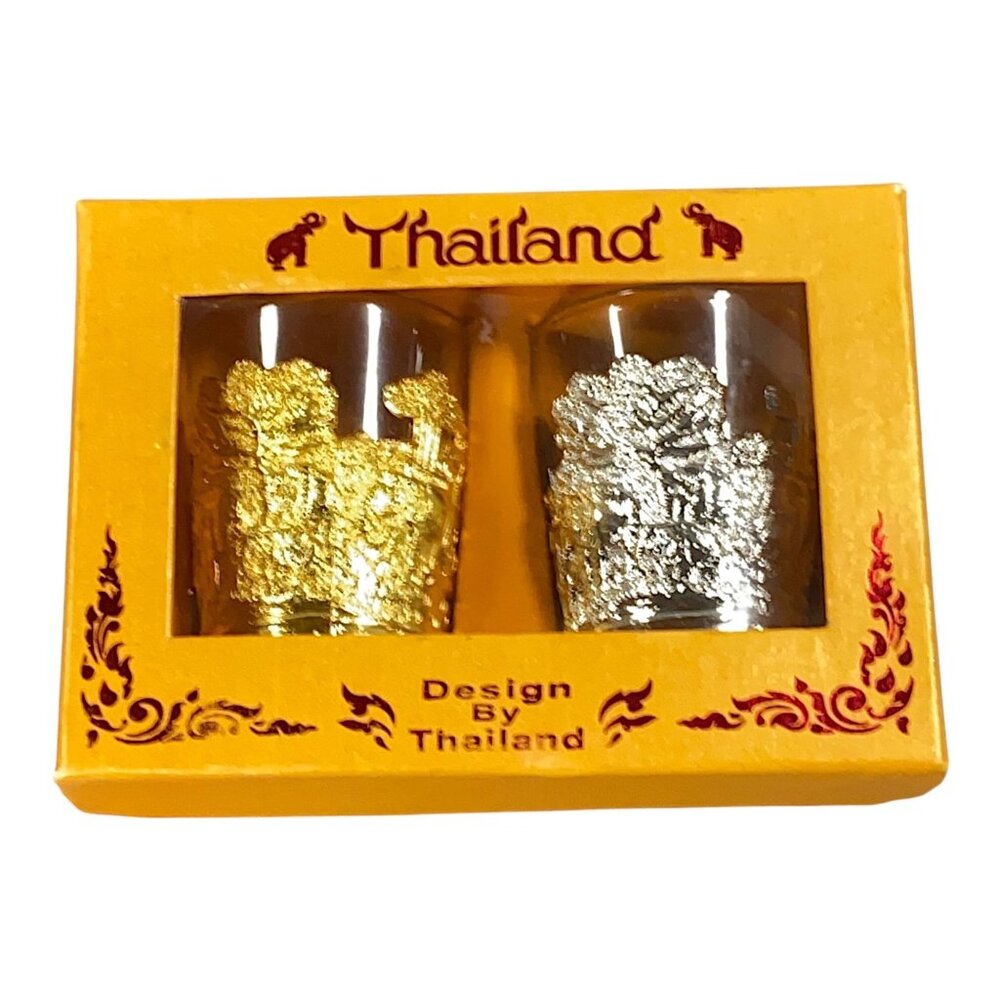 Thailand Shot Glass Casted Metal Base Tiny Tumblers Landmark Souvenir 2 Pieces